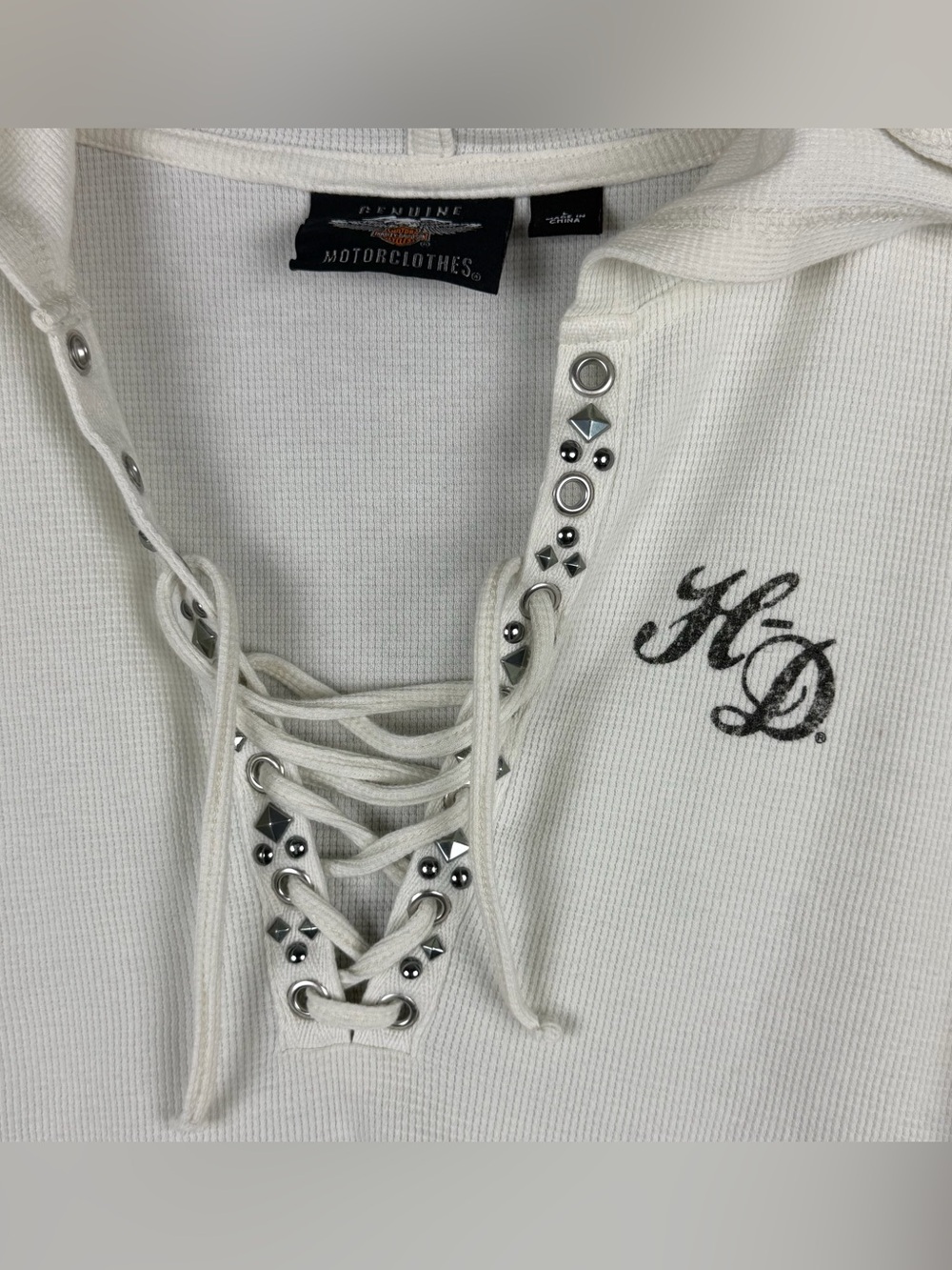 Harley Davidson White Cream Waffle Lace Up Skull Thermal Hoodie Women's Large - Picture 7 of 15